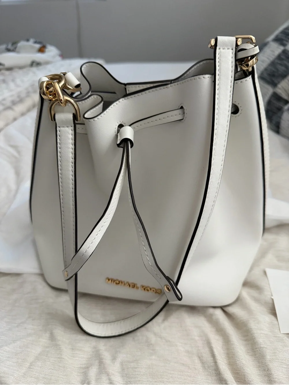 Michael Kors Cream Leather Shoulder Tote with Gold Hardware